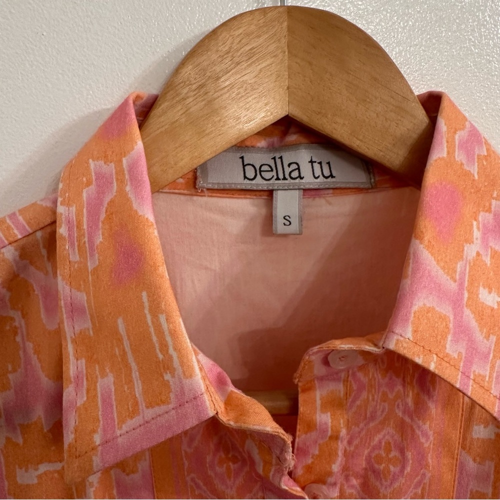 Bella Tu Dress Collar V Neck 3/4 Sleeve Vibrant Orange & Pink Women’s Size S - Picture 4 of 10